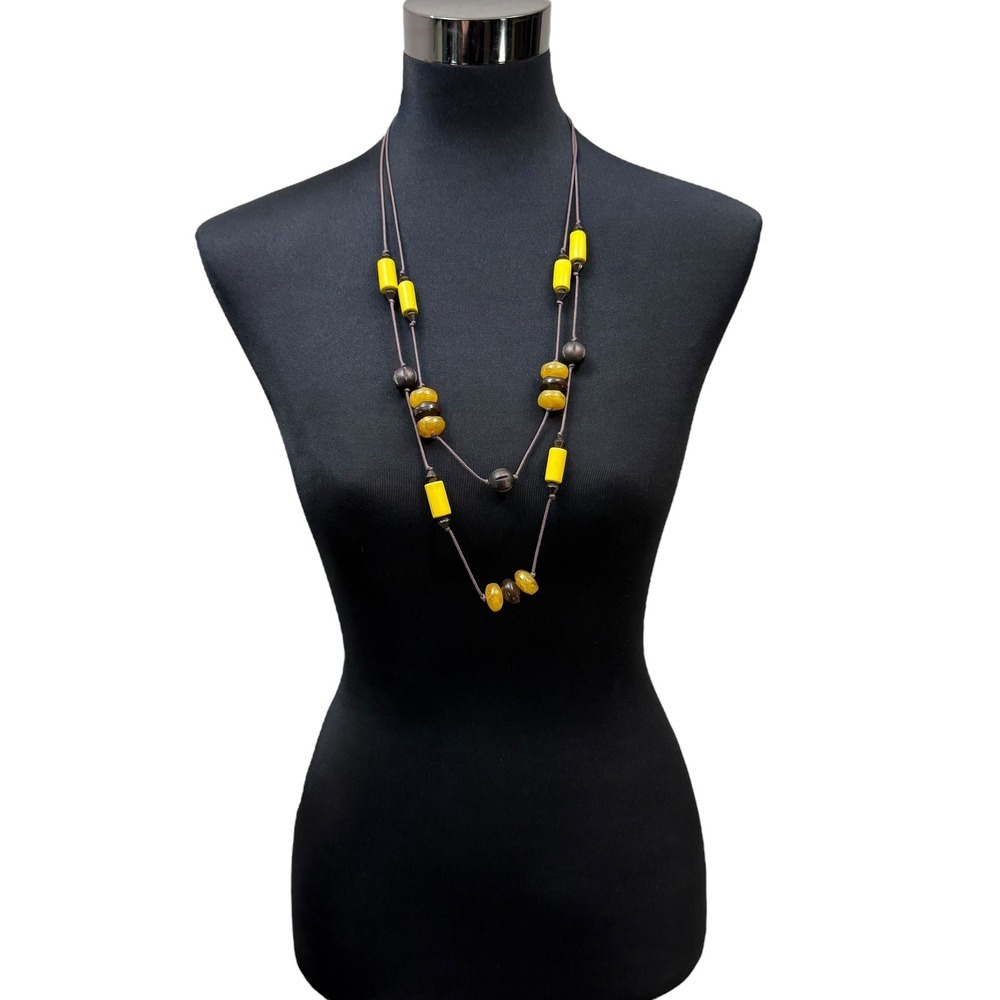 Double Layered Beaded Wood Statement Necklace Yellow Brown Black Chunky Jewelry